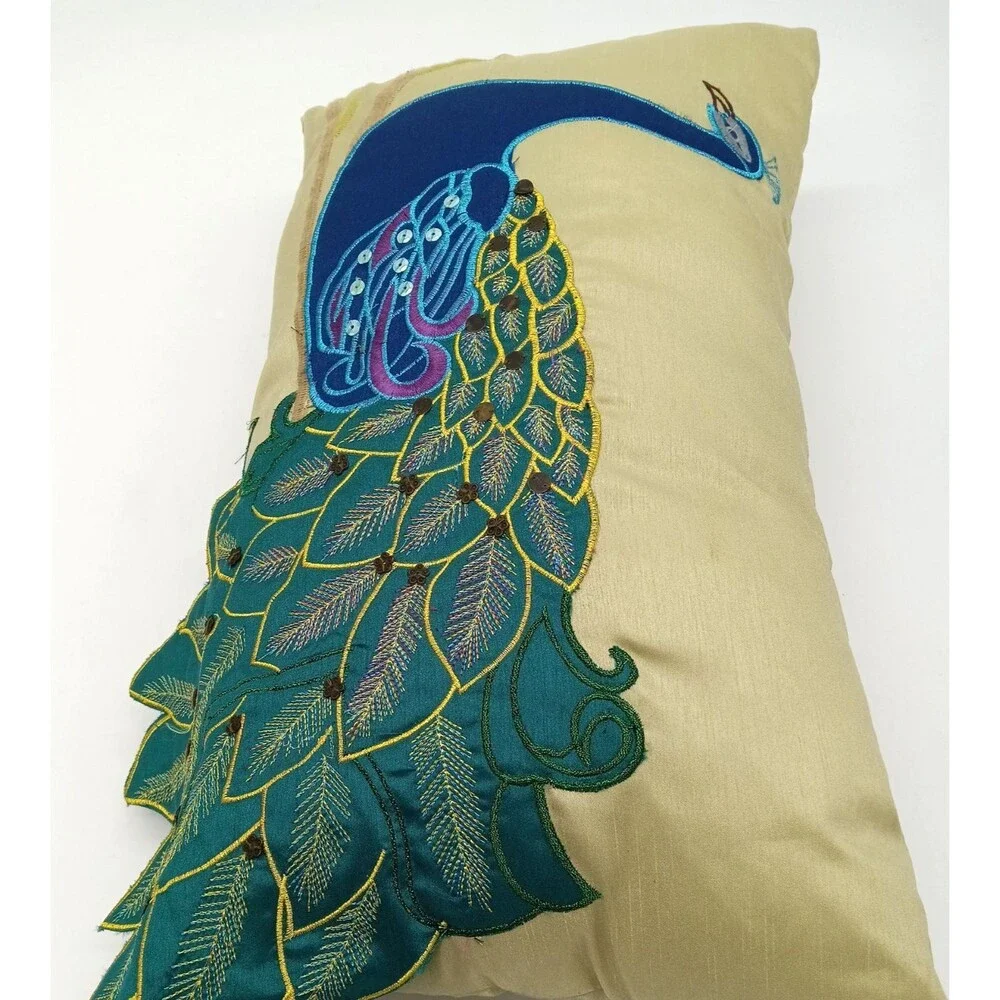 Vintage Peacock Accent Pillow THRO by Marlo Lorenz Embroidered Sequin 10X18